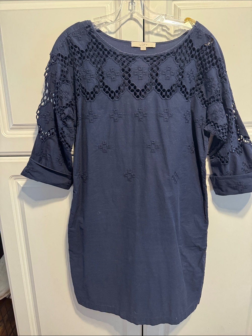 LOFT Navy Crochet Yoke Midi Dress